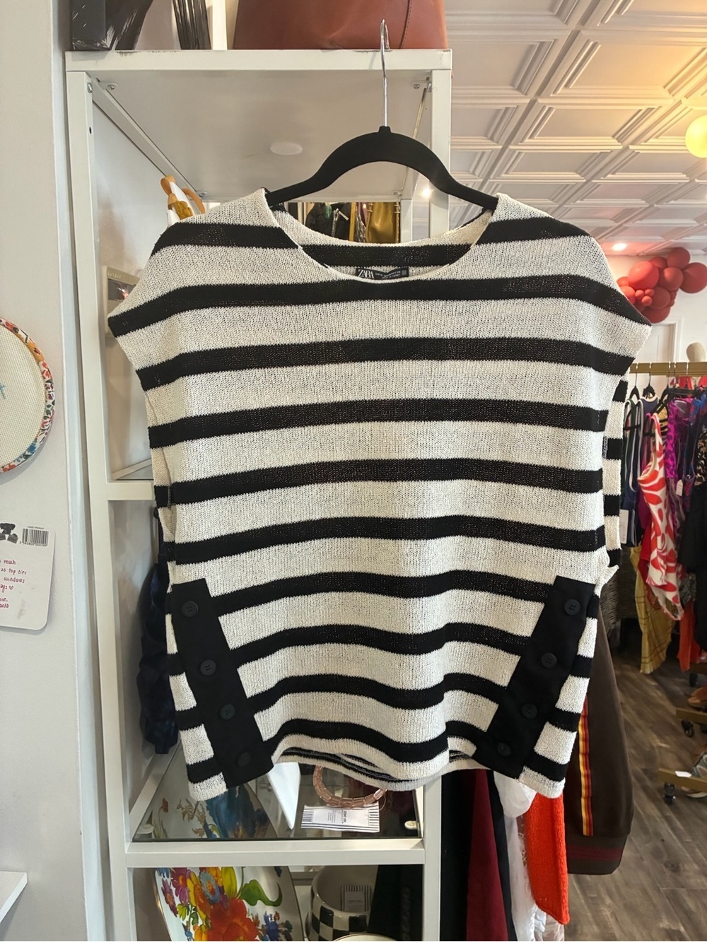 Zara Black and White Striped Button-Side Short sleeve sweater top
